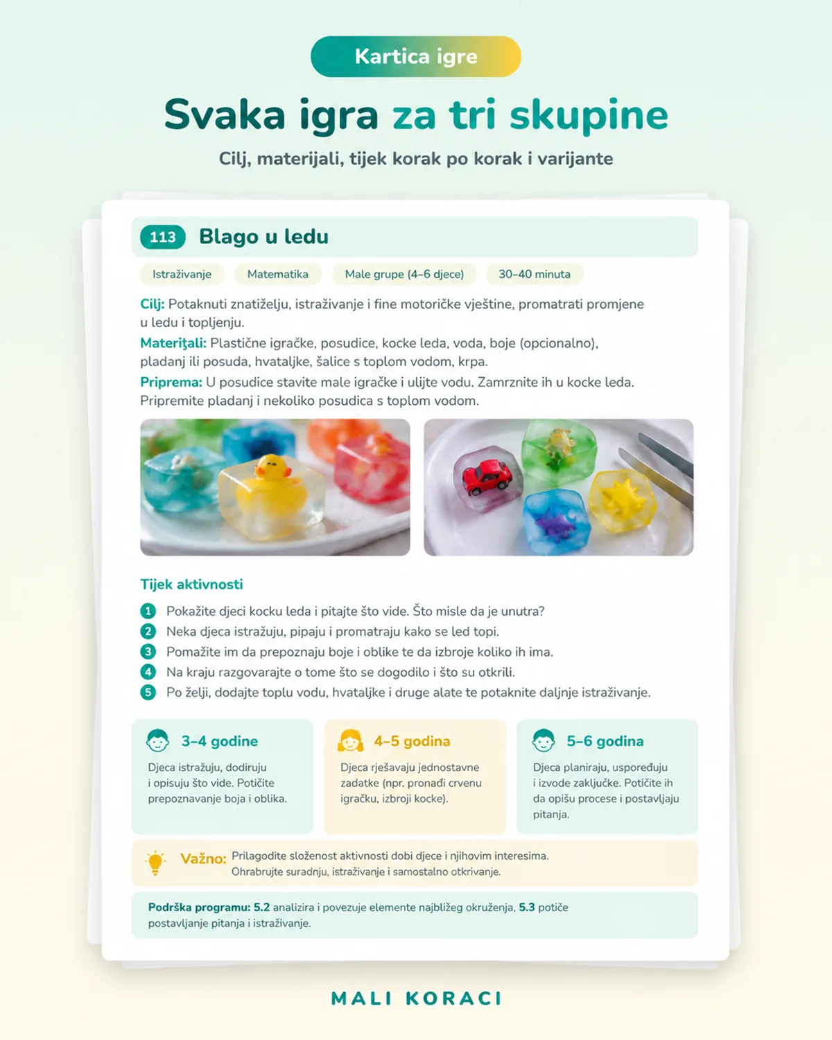 Kartica igre s fotografijom i varijantama za tri skupine